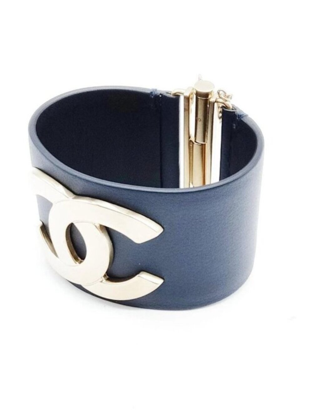 Authentic Chanel Black Leather Gold CC Cuff Bracelet - Picture 3 of 9